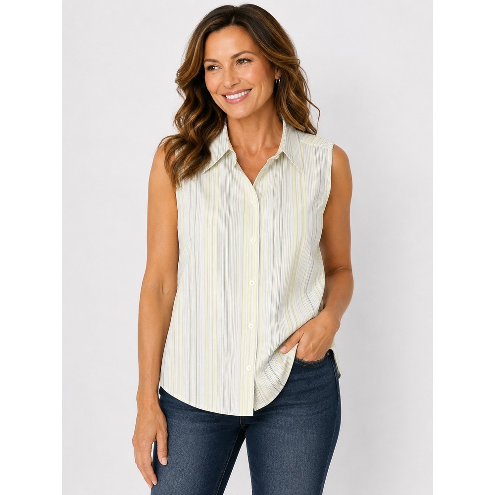 Eddie Bauer Womens Large Green Yellow Striped Wrinkle Resistant Sleeveless Shirt